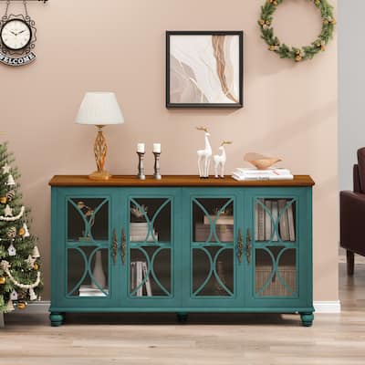 Retro Style 4-Door Cabinet with Tempered Glass Doors and Adjustable Shelves