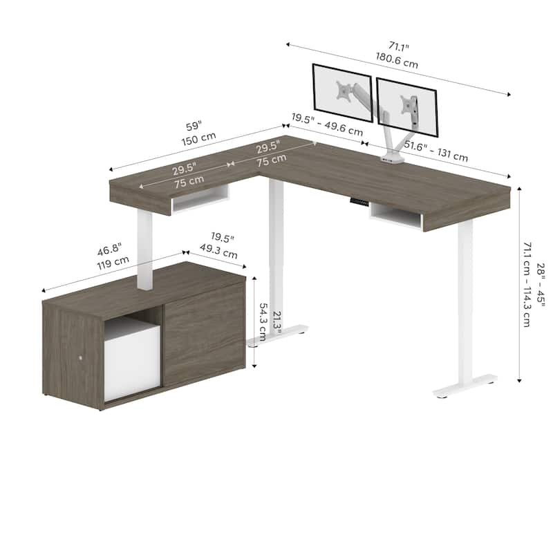 Bestar Pro-Vega 81W L-Shaped Standing Desk with Monitor Arm and Credenza