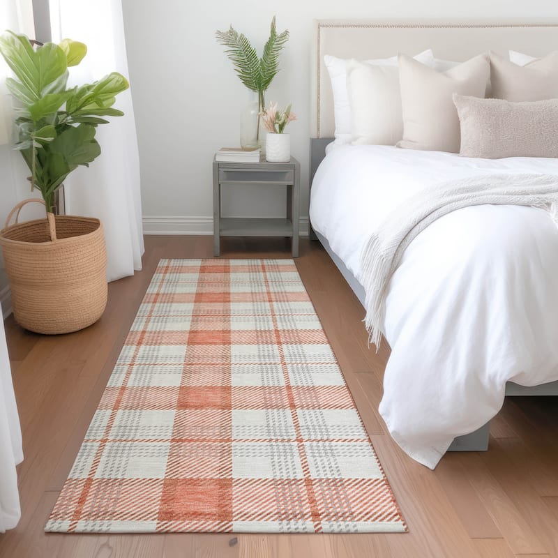 Machine Washable Indoor/ Outdoor Casual Plaid Chantille Rug - Coral - 2'3" x 7'6"