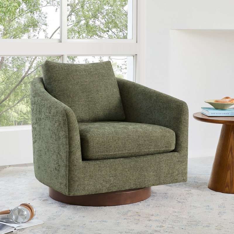 Spruce & Spring Classic Swivel Club Accent Chair with Back Cushion & Solid Wood Frame - Single - Moss-Fabric
