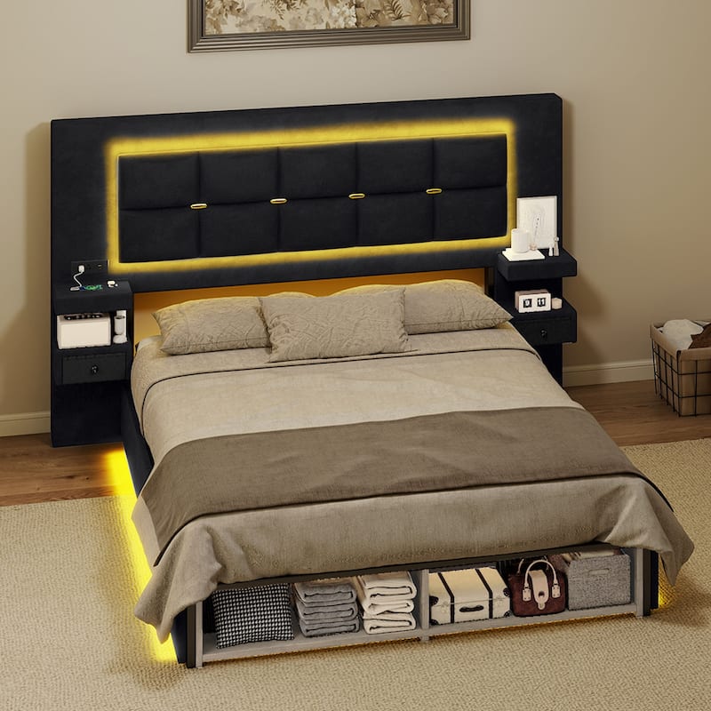 Moasis Queen Size Luxury Velve Bed Frame with Upholstered Oversize Headboard and LED Lights and Charging Station - Black