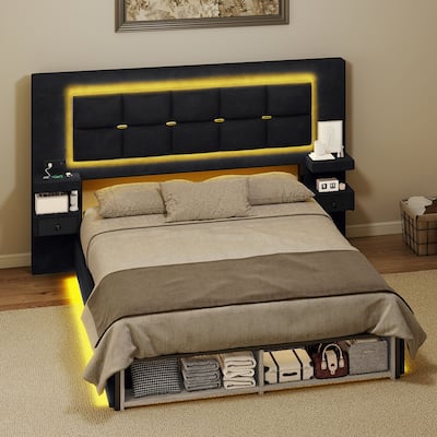 Moasis Queen Size Luxury Velve Bed Frame with Upholstered Oversize Headboard and LED Lights and Charging Station