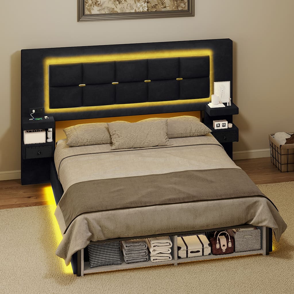 Moasis Queen Size Luxury Velve Bed Frame with Upholstered Oversize Headboard and LED Lights and Charging Station