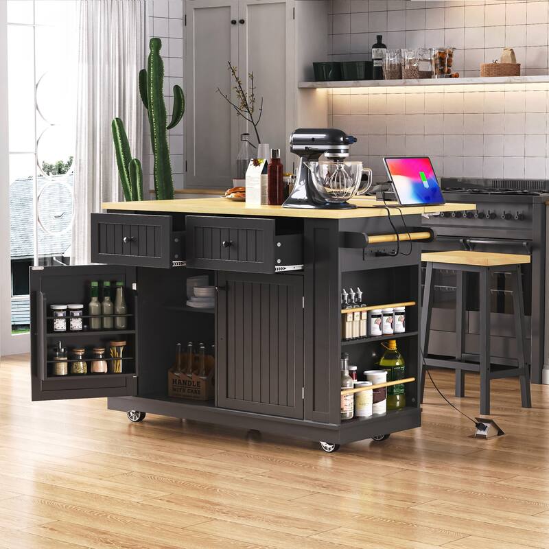 Kitchen Island with 2 Bar Stools, Power Outlet, Door Internal Storage Rack, Kitchen Storage Cart on 5 Wheels with Drop Leaf - Black