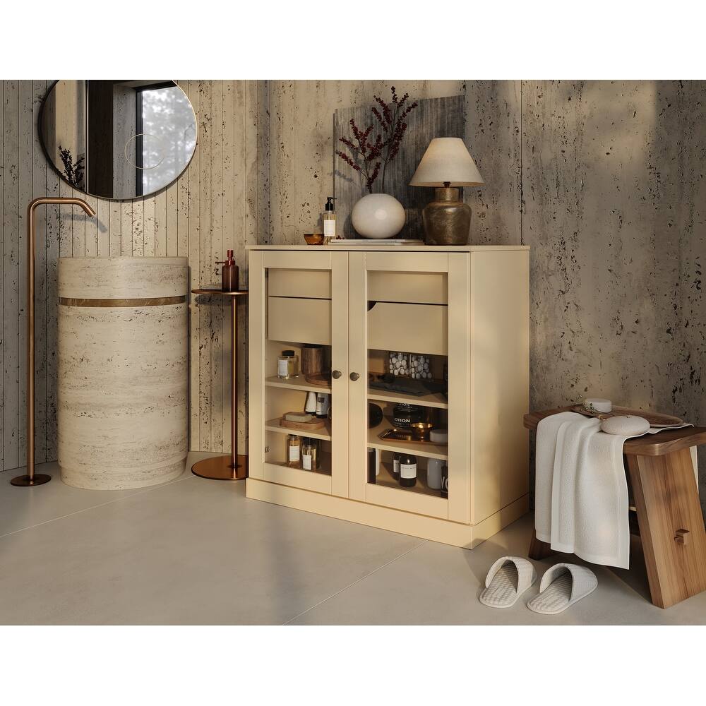 Palace Imports 100% Solid Wood Bathroom Storage Cabinet, Clear Glass Doors, 2 Drawers, Adjustable Shelves, 32" Wide, 35.75" Tall