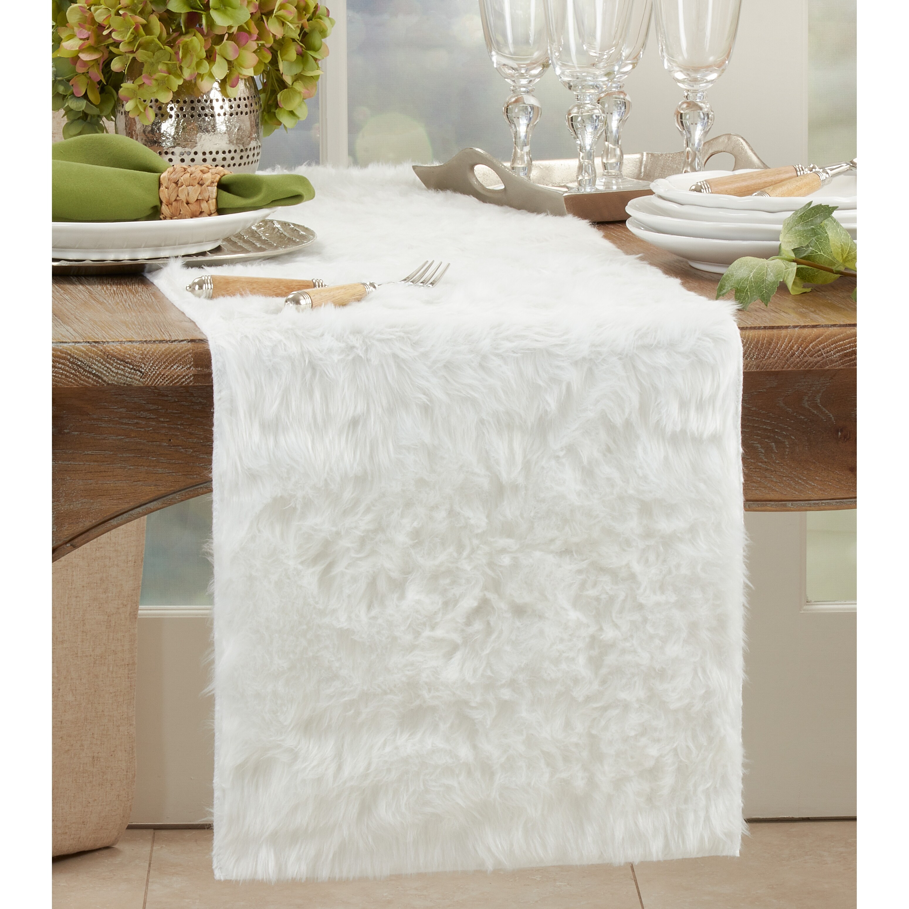Dining Room Holiday and Special Occasion Banquets White Table Cover for Home Fennco Styles Juneau Faux Fur Table Runner 15 x 72 Inch