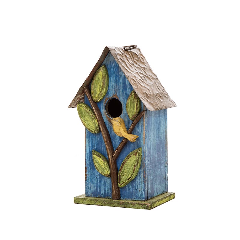 Glitzhome 10"H Multicolor Cute Distressed Solid Wood Birdhouse with 3D Flowers - Green/Blue