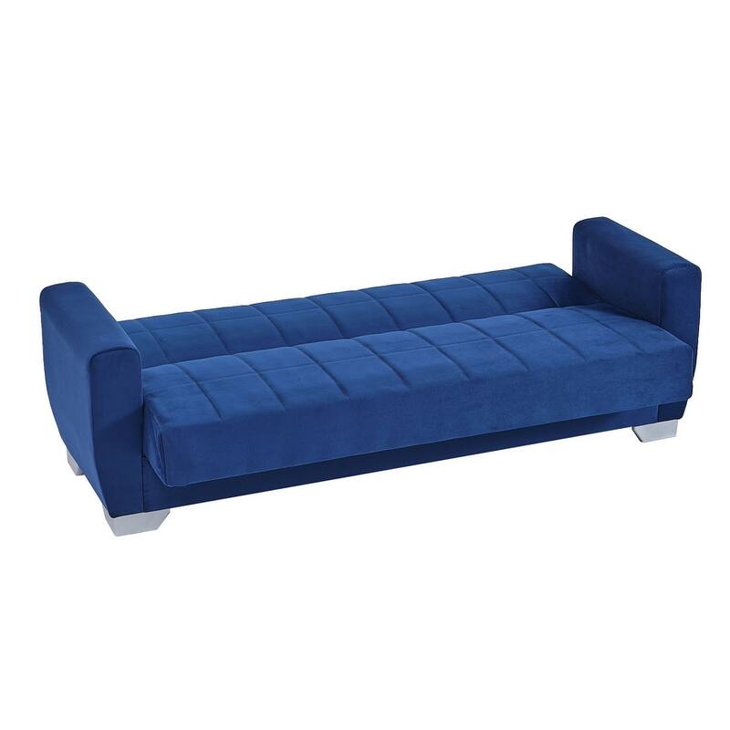HomeRoots 84" Blue Microfiber Convertible Futon Sleeper Sofa With Toss Pillows And Storage