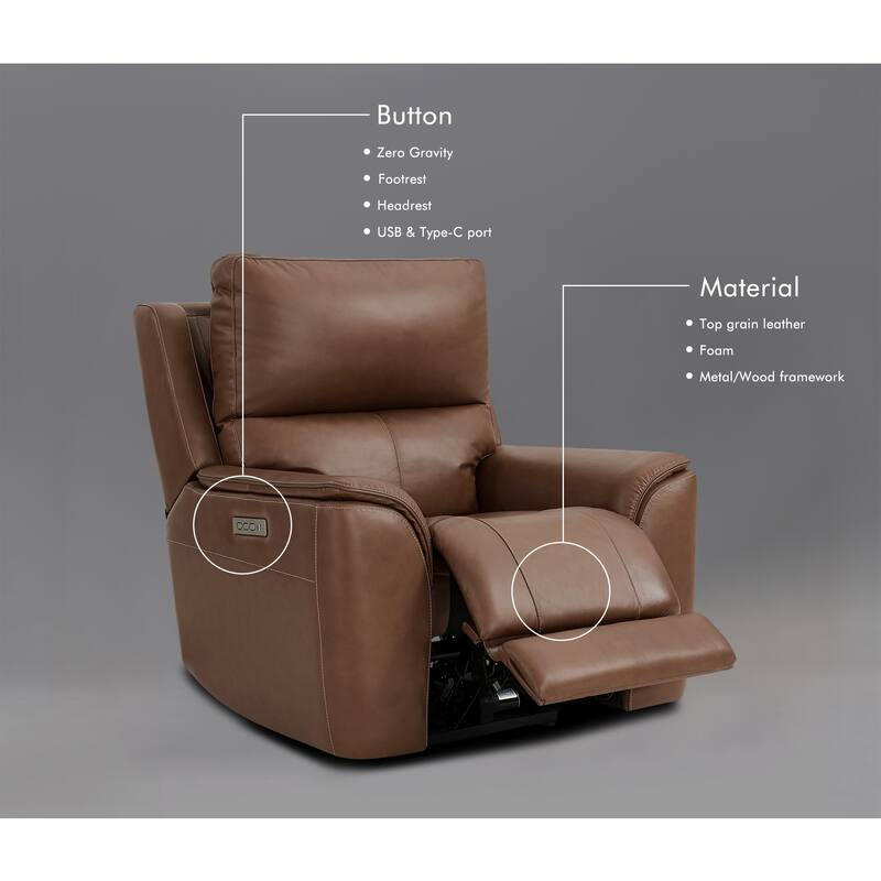 41.5" W Premium Genuine Leather Triple-Power Recliner Sofa with USB & Type-C Ports, Ajustable Headrest