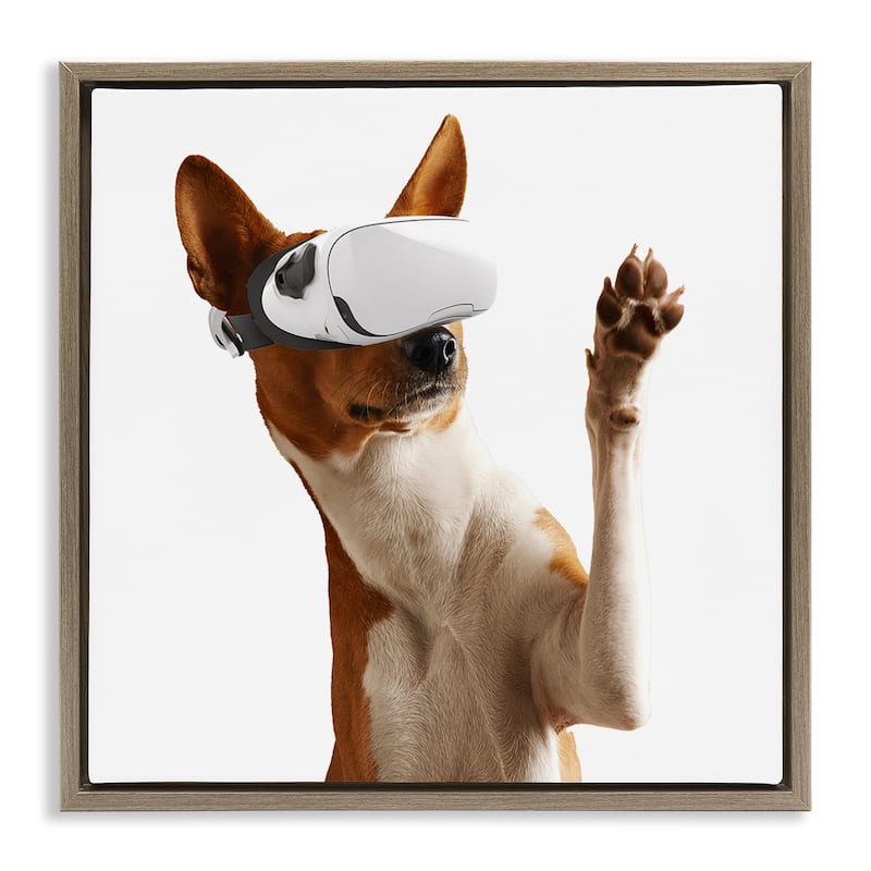 Stupell VR Gamer Dog Framed Floater Canvas Wall Art Design By CAD Designs - 25 x 25 - Brown