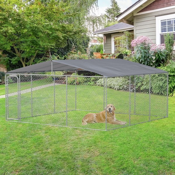 PawHut Outdoor Dog Kennel Galvanized Steel Fence with Cover Secure