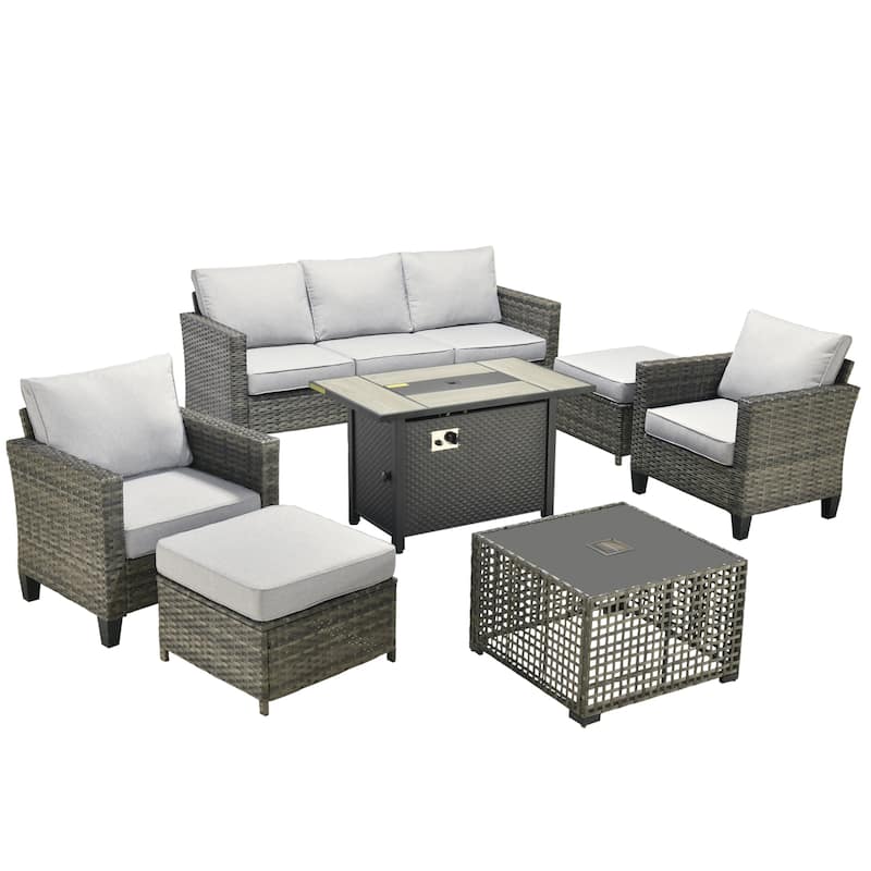 OVIOS 7 Pieces Patio Furniture Set with Solar-Powered Table & Fire Pit