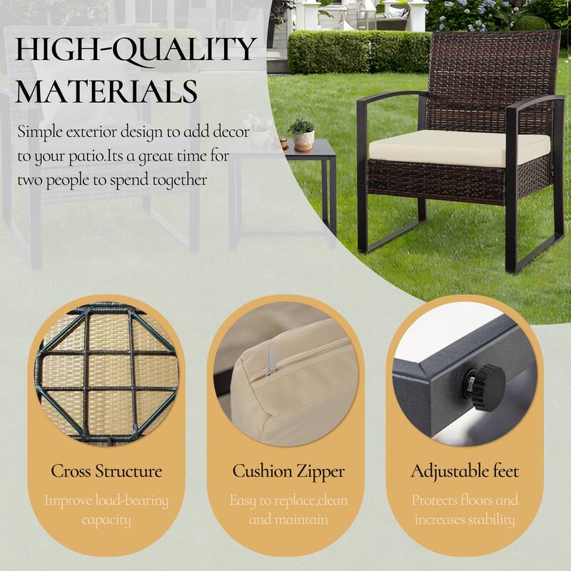 3 Piece Outdoor PE Wicker Furniture Set, Patio Brown Rattan Sectional Sofa Couch with Washable Cushions