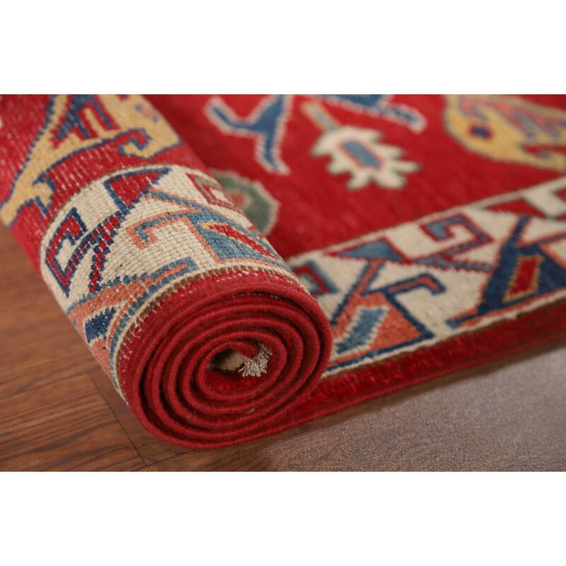 Red Geometric Kazak Oriental Runner Rug Handmade Wool Carpet - 2'7" x 9'8"