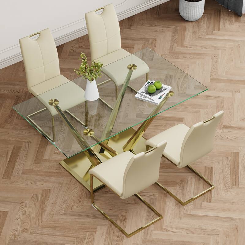 5-Piece Rectangular Dining Table Set for 4 Modern 63" Tempered Glass Kitchen Table with 4 Chairs, Luxury Dining Room Table Set