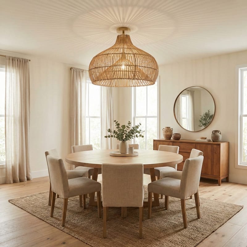 Oceania Rattan Flush Mount Rattan Natural Cone Handwoven Dimmable Ceiling Light for Bedroom or Hallway in Farmhouse, Boho Style