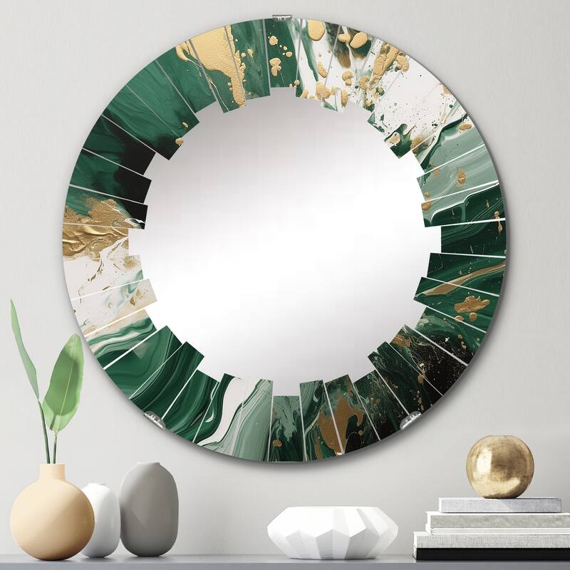 Designart "Green and Gold Liquid Magic I" Abstract Modern Wall Mirror - 24in.x24in.