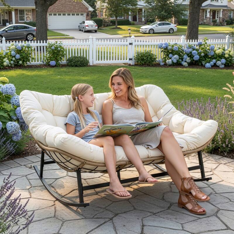 FINCATI Oversized Double Rocking Chair Outdoor Indoor, 40" D x 58" W Double Papasan Rocking Chair with Padded Cushion