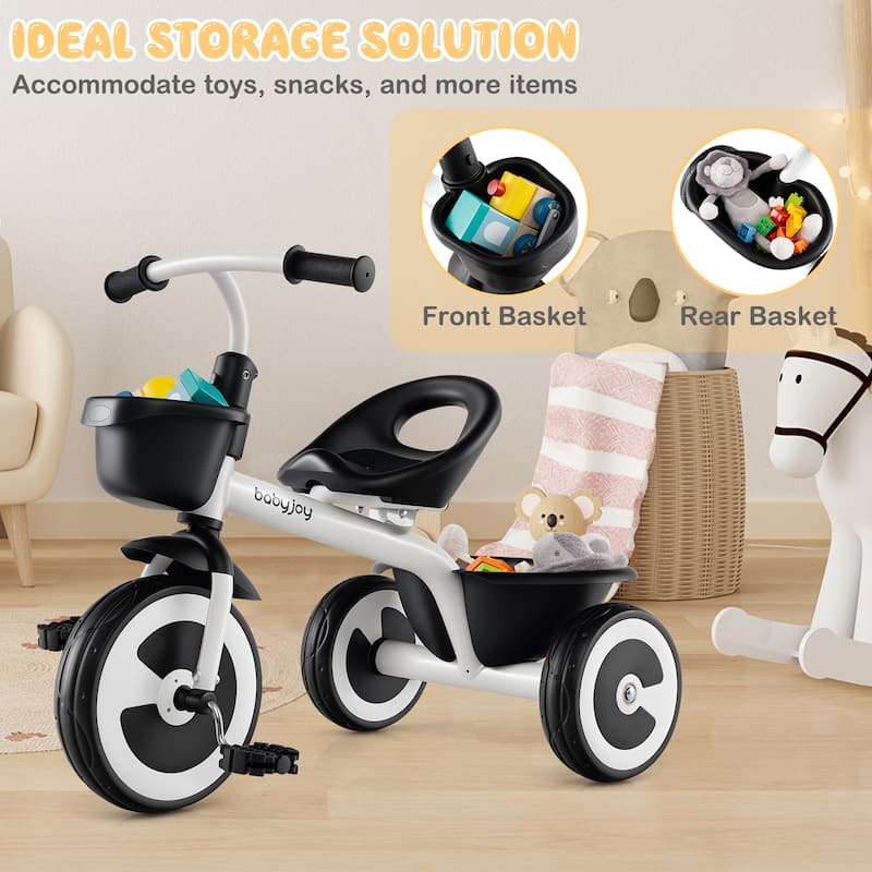 Toddler Tricycle with Adjustable Seat and Storage Baskets for 1.5-5 Years Old-White