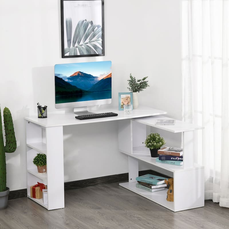 HOMCOM 360° Rotating L-Shaped Corner Desk: White, with Storage Shelves
