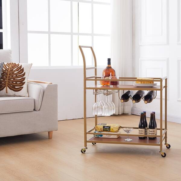 Gold Wood Metal Frame Kitchen Cart on 4 Wheels with Wine Rack and