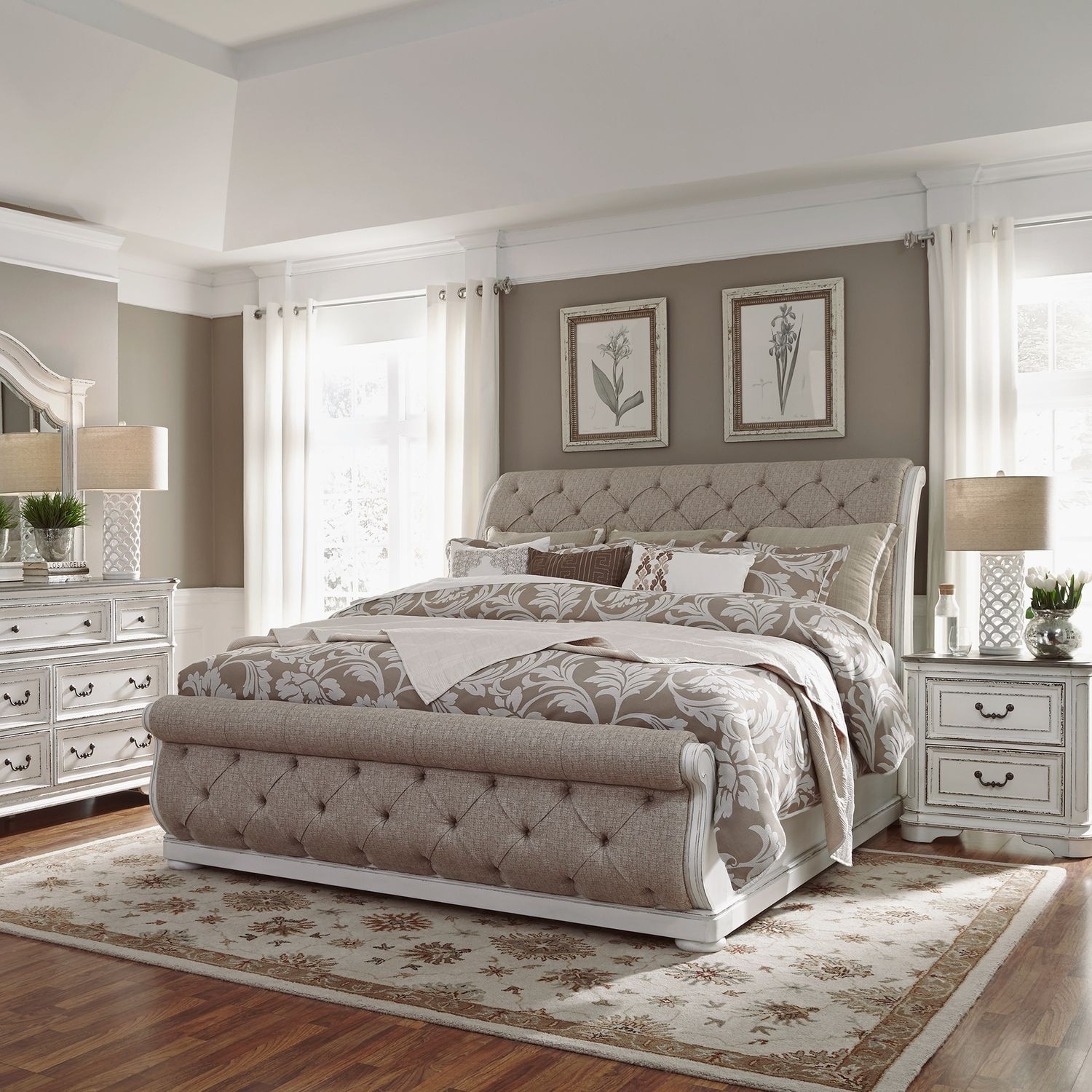 Liberty Furniture Magnolia Manor California King Upholstered Sleigh Bed, Dresser & Mirror, Night Stand