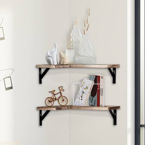 ALEKO Rustic Wood Wall Mount Storage Floating Corner Shelves - Set of 2