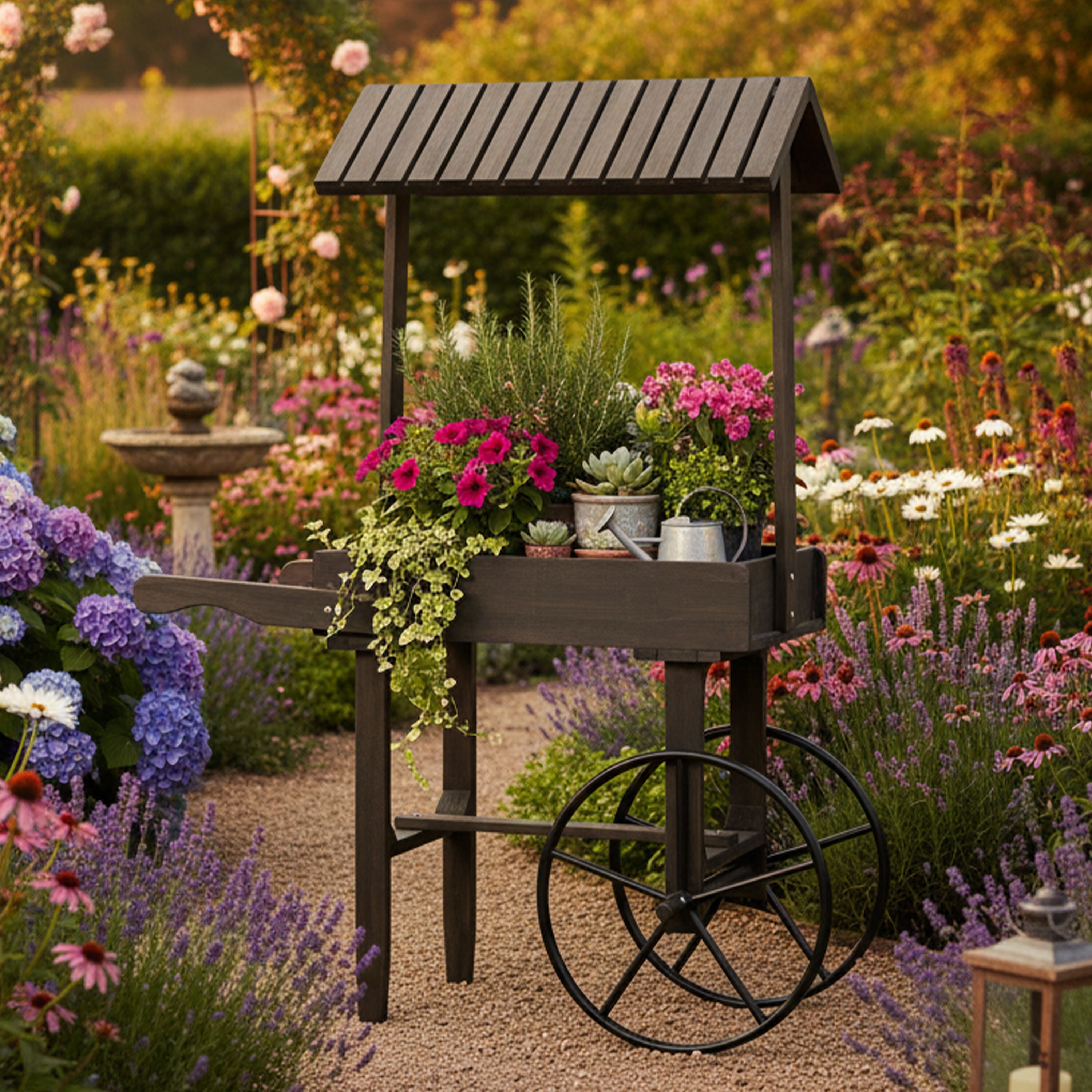 飾り台 Sunnydaze Rustic, Vintage Flower Cart Display Stand with Wheels