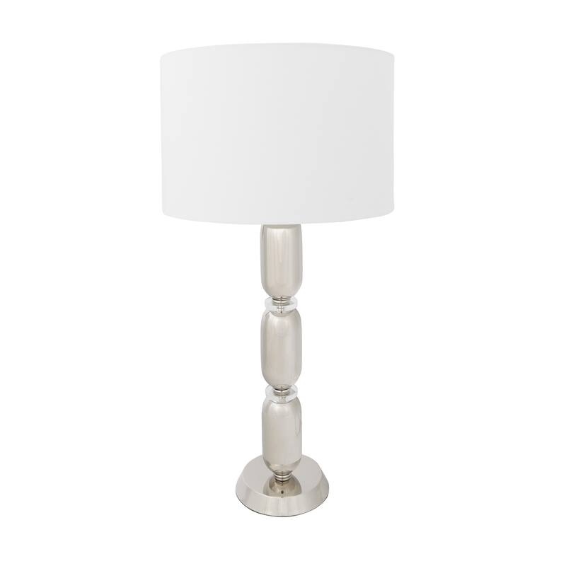 Modern Stacked Metal Table Lamp with Glass Accents and Linen Shade - Brushed Nickel