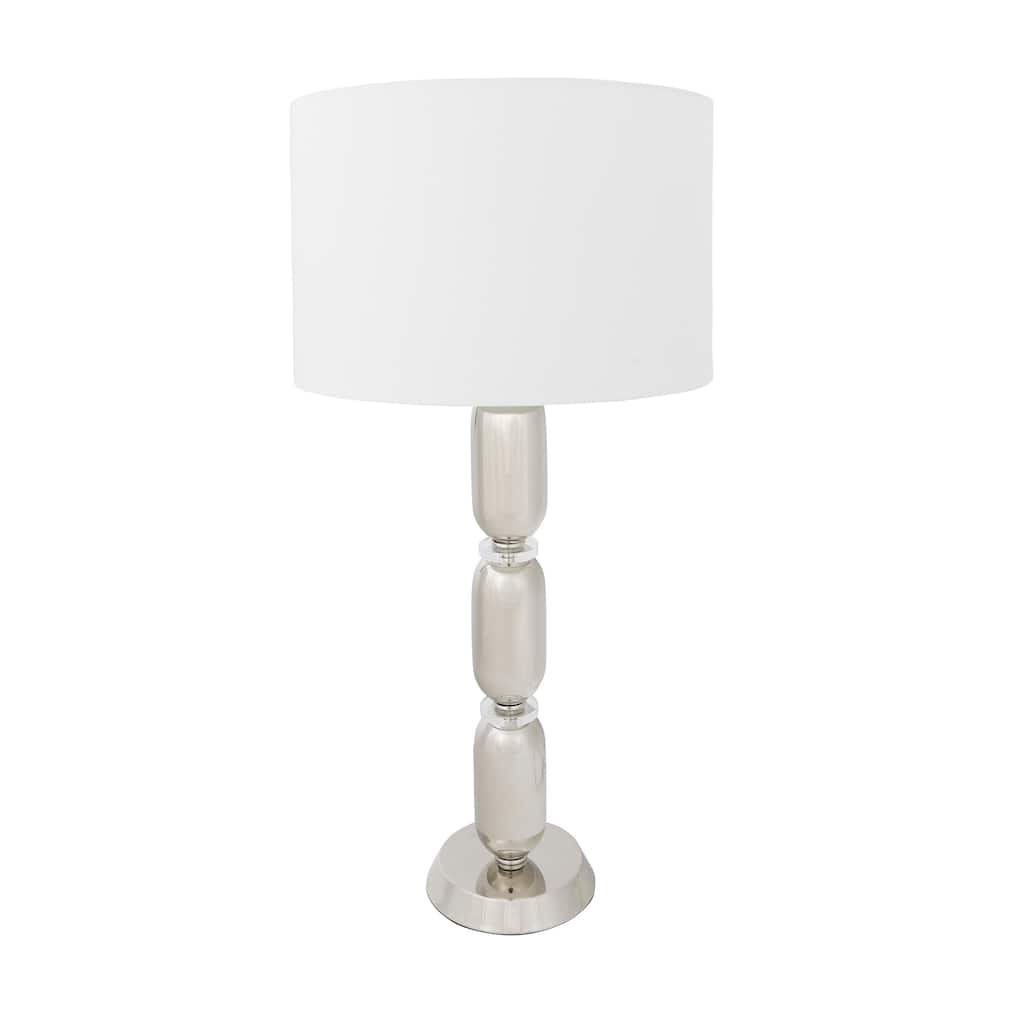 Modern Stacked Metal Table Lamp with Glass Accents and Linen Shade