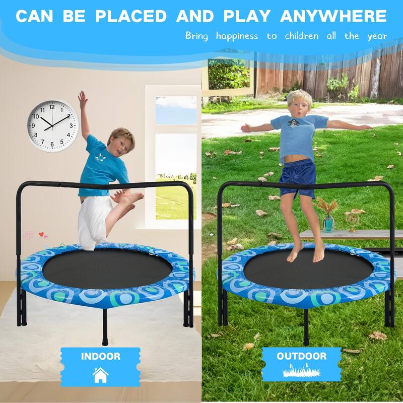 Kids Trampoline - Assembled Design, Happy Expression Theme, Indoor Outdoor Fun - Blue - 48.03