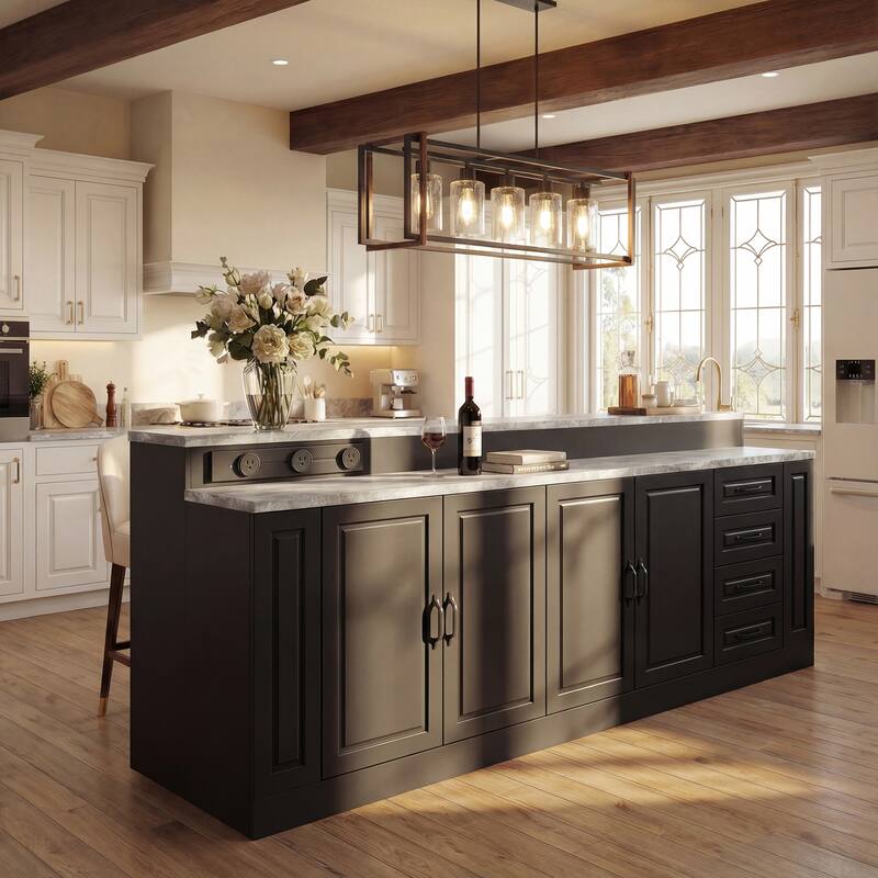 Large Kitchen Island with Storage and Power Outlet, 94.5” Kitchen Island Cabinet with Drawers and Shelves, Kitchen Island