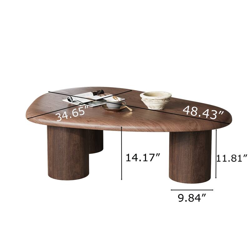 48.43" Mid Century Coffee Table, Unique Shape Design, Solid Wood Veneer with 3 cylinder Legs