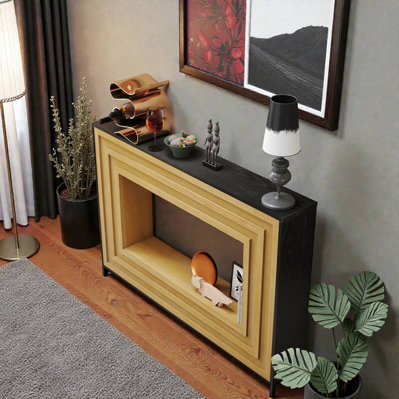 47" Modern Contrast Console Table with Layered Wood Frame and Black Top, Entryway Table for Hallway & Living Room