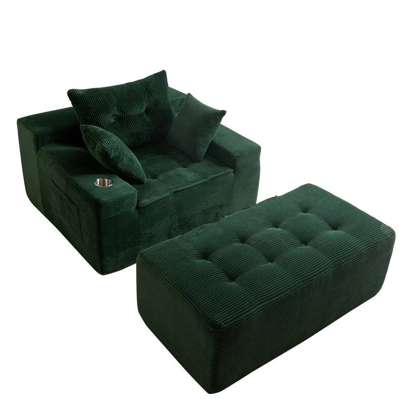 Corduroy Upholstered Memory Foam Sofa With Ottoman Upholstered Bean Bag Couch - 48.4"Lx67.7"Wx24.4"H - Green