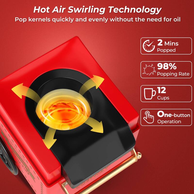 Costway Retro Hot Air Popcorn Maker 1200W, Oil-Free & Fat-Free, Makes - See Details