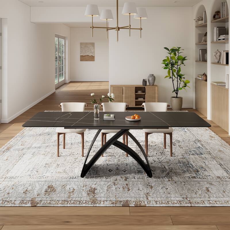 63-95"Extendable Modern Dining Table for 6-10, Black Sintered Stone Tabletop - 63-94.5“