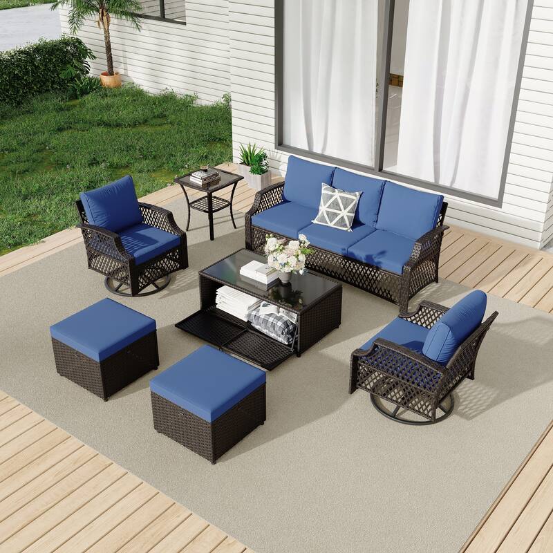 Outdoor Wicker Patio Set w Swivel Chairs & Sofa, Ottomans and Tables, Modular 3/5/6/7-Piece, All-Weather Conversation Set. - 7-Piece: Table & Sofa - Navy Blue