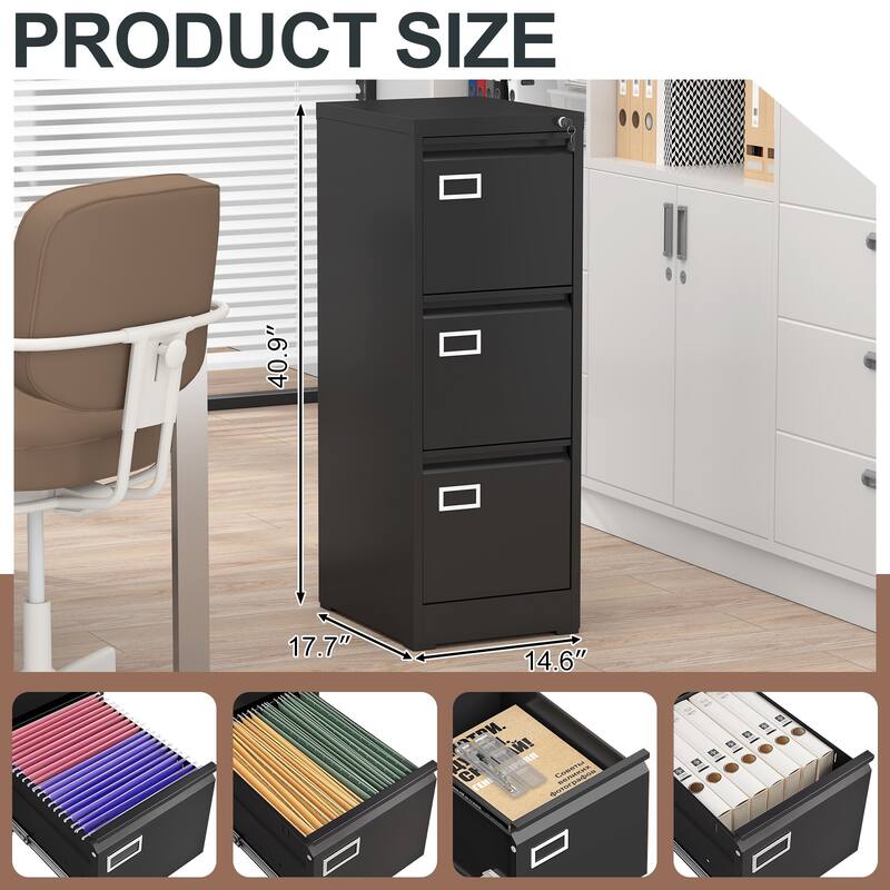 Modern 3-Drawer File Cabinet, Vertical Filing Cabinet with Lock and Anti-Tilt Design, for Home Office