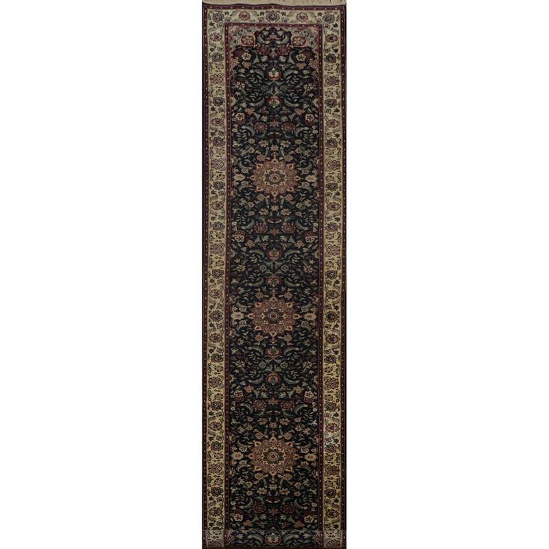 Hand Knotted Oriental 100% Wool Carpet Traditional Floral Navy Blue & Blues Kashan Runner Rug - 13' 10'' X 2' 7''