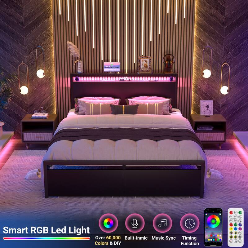 Platform Bed with Storage Headboard, Bed Frame with Charge Station and LED Light