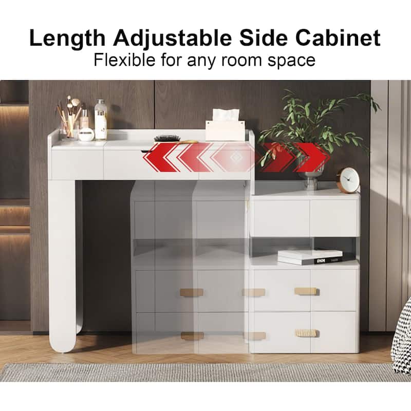 3-in-1 Makeup Vanity Desk with Flip-Top LED Mirror, Retractable Side Cabinet, Storage Drawers & Stool