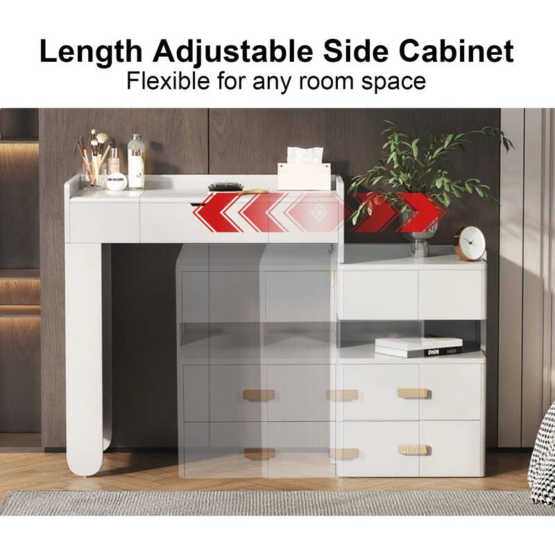 Bedroom Dressing Table and Stool Set of 2, 3-in-1 Makeup Vanity Desk with 3-Color Lighted Mirror & Retractable Side Cabinet