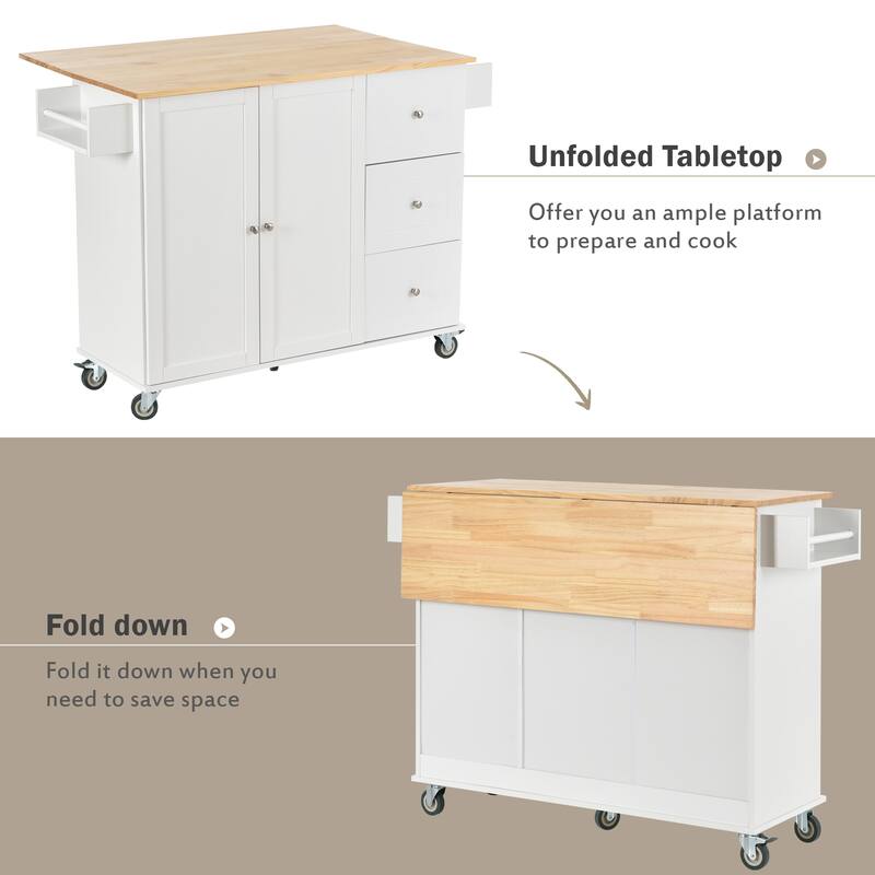 52.76'' Solid wood Kitchen Island with Locking Wheels, Drop Leaf, Adjustable Shelf and 3 Drawers - 52.76'' x 29.5'' x 36.81''