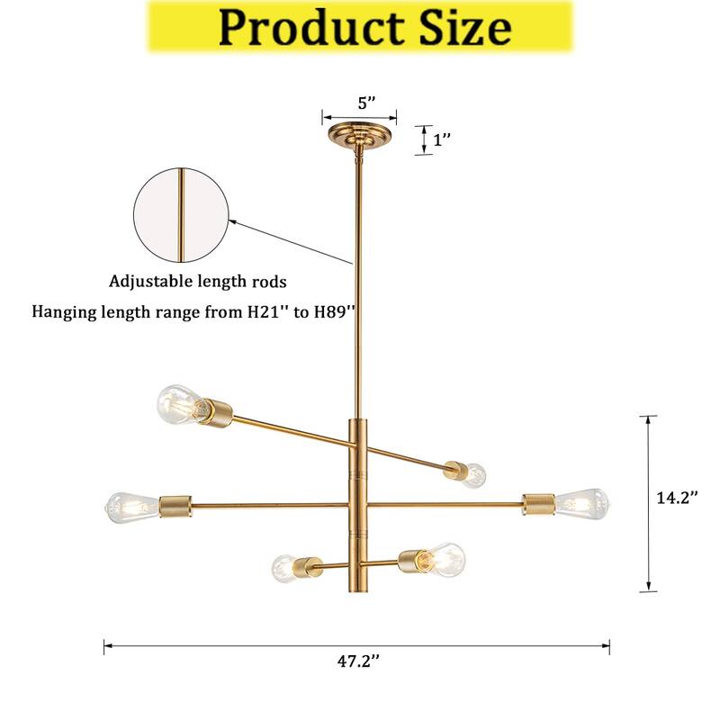CraftHome W47" 6-Light Mid-Century Modern Chandelier in Brass Industrial Linear Pendant Light for Dining Room - W:47"