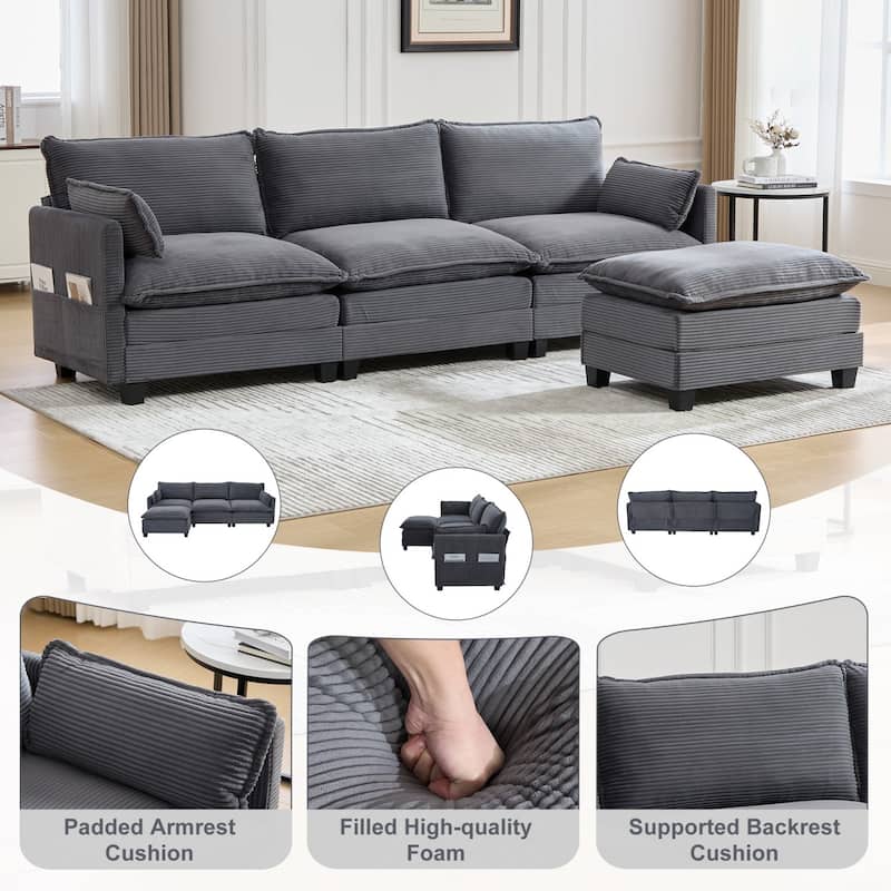 102.95" L-Shaped Corduroy Sectional Sofa with Movable Ottoman
