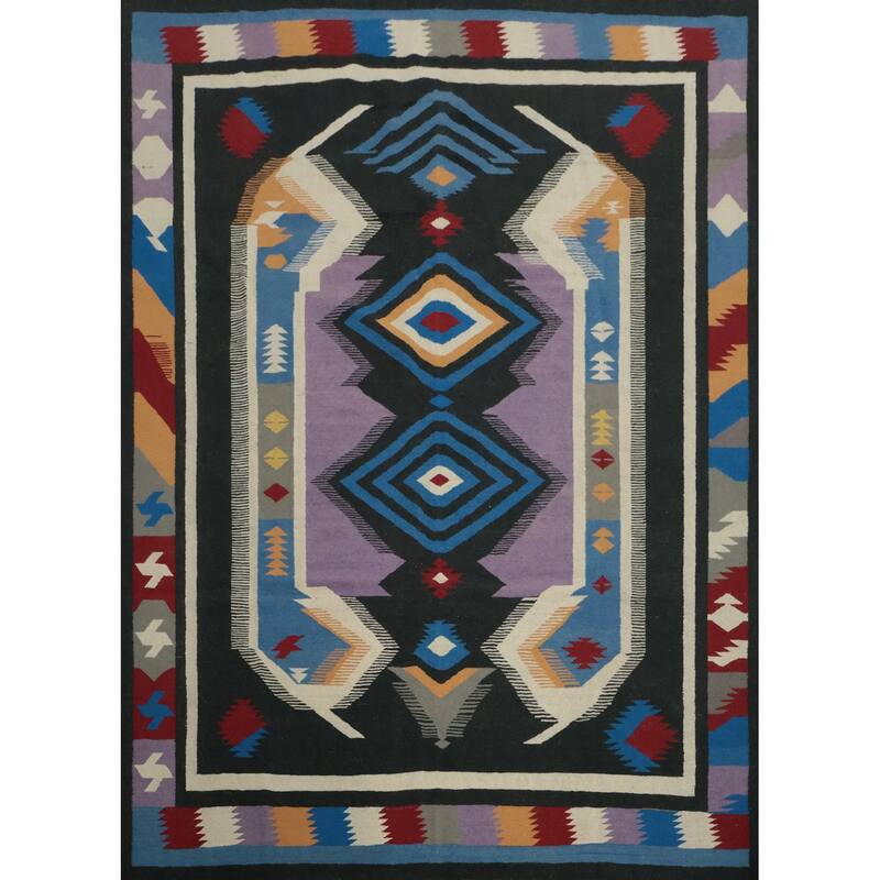 Hand Woven Oriental 100% Wool Carpet Southwestern Tribal Black Kilim Area Rug - 10' 2'' X 8' 6''