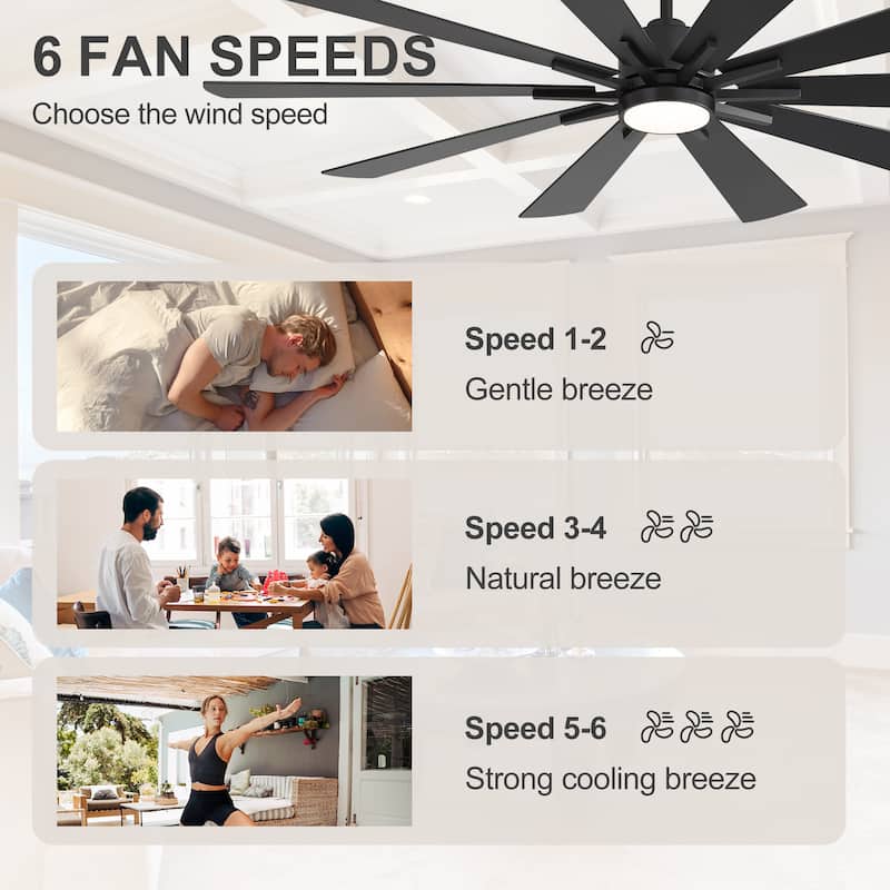 62"/72" Reversible 10-Blade Large LED Ceiling Fan with Light and Remote