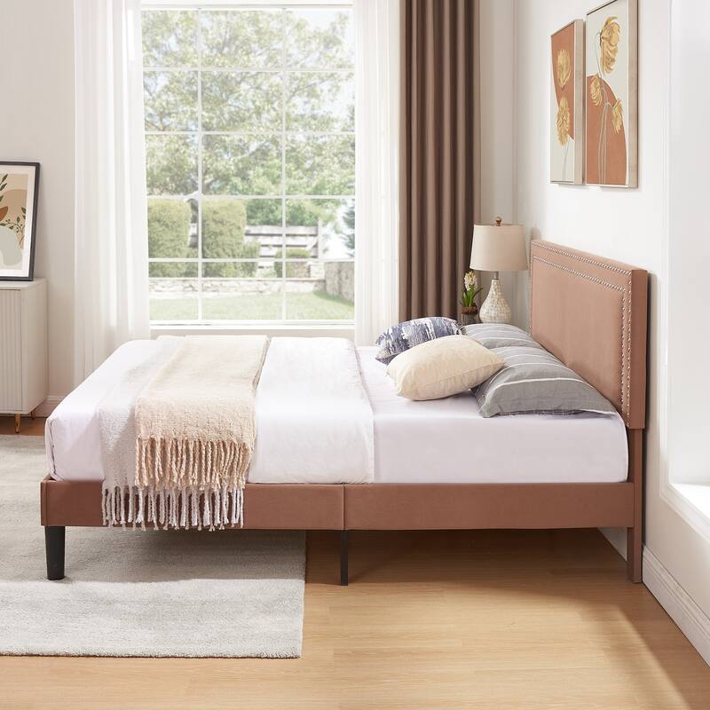 Upholstered Platform Bed Frame with Adjustable Headboard, Velvet Nailhead Trim, No Box Spring Needed