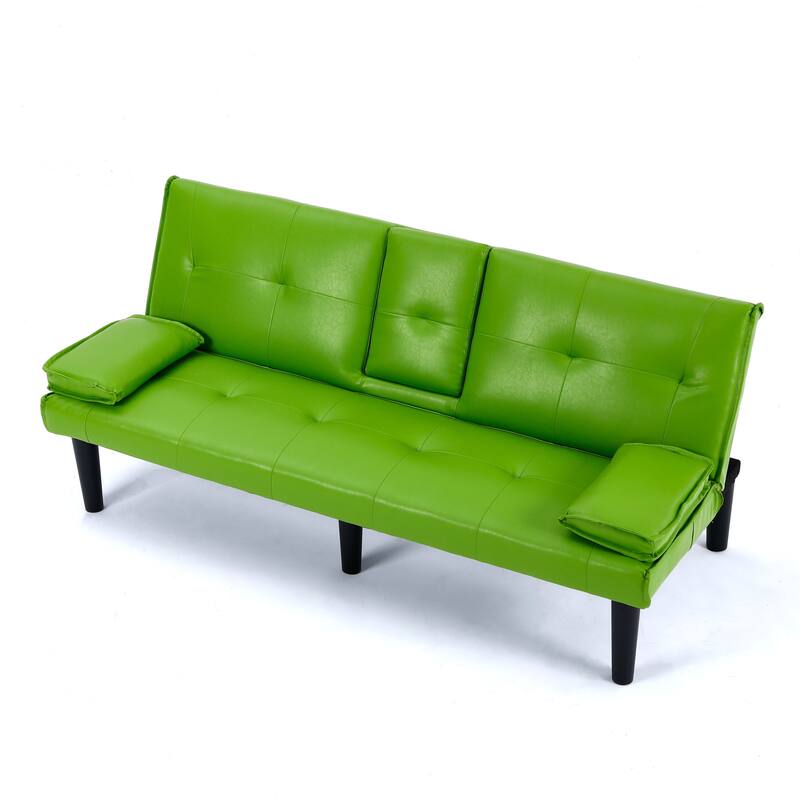 The 67-inch black PVC multi-functional sofa bed with a foldable and cup holder design